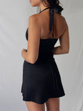 Yipinpay Halterneck Tie Up Mini Party Dress Elegant Party Club Vestidos Women Sleeveless Low Cut Backless Slit Short Dress Solid