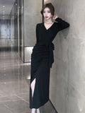 Yipinpay Sexy Dresses Women French Style Chic Bandage Elegant Slim Split V Neck Solid Vintage Dress Autumn Winter Ladies Basic