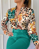 Yipinpay Two Piece Sets Autumn New Women's Fashion Print Stand-Up Collar Long-Sleeved Shirt Top with Belt Solid Color Trousers