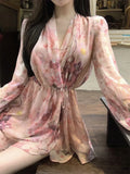 Yipinpay Sexy Dress Woman Fashion Sweet Floral Printed Criss Cross V Neck Lantern Long Sleeve Vintage Elegant Dresses Female