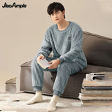 Yipinpay Men's Winter Warm Plush Thickened Sleepwear Set French Loose Flannel Pijama Trousers Two Pieces Suit Male Cute Nightwear