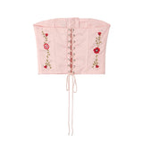 Yipinpay High Quality Women Floral Embroidery Beading Pink Strapless Top Lacing Up Bandage Back Female Summer Sexy Crop Top