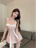 Yipinpay Elegant Mini Dresses Women Bowknot Sleeveless Square Collar Backless Slim Sexy Sweet Party Dress Female Fashion