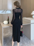 Yipinpay Sexy Dresses Women Mesh Patchwork Lantern Long Sleeve Sequins Slim French Style Chic Autumn Fashion Ladies Party