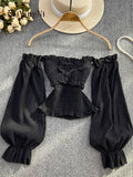 Yipinpay Sexy Club Y2K Crop Top Girls Elastic Vintage Slash Neck Long Sleeve Shirts Women Chiffon Trendy Off Shoulder Blusas