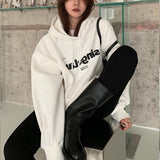 yipinpay Winter Grey Baggy Pullover Fashion Letter Printing Pocket Fleece Thicken Sweatshirt Casual Lazy Raglan Sleeves Hoodie