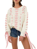 Yipinpay Women Y2K Kawaii Knitted Long Sleeve Crew Neck Hollowed Contrast Color Loose Pullovers Warm Sweater for Fall Winter
