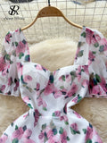 Yipinpay Beach Vacation Floral Print Dress Women Backless Lace Up Cross Bandage Ruched Korean Hotsweet Fashion Party Long Dress