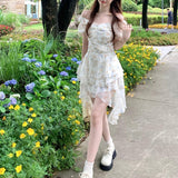 yipinpay White Dress Womens Printing Ruffled Irregular Sexy Korean Fashion Y2K Simple 2023 Female Dress Temperament Longuette