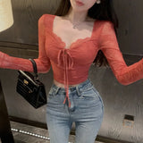 Yipinpay Sweet Girl Red Lace T-shirt for Women's Autumn and Winter Slim Fit Long-sleeved Square Collar Top Fashion Female Clothes