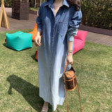 Yipinpay Collar Button Denim Dress Shirt Maxi Long Sleeve Vestido De Mujer Vintage Casual Fall Spring Korean Femme Robe Chic