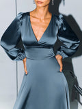 Yipinpay Evening Elegant Women Drape Dress Satin V-Neck Lantern Sleeve Party Dress Ladies Spring 2023 Flowing Midi Dress Navy