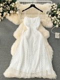 Yipinpay Fashion Temperament Long Dress Spaghetti Strap Sleeveless Design Female Solid Senior Embroidery Mesh Party Dress