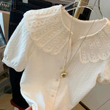 Yipinpay Short Sleeve Camisa Embroidery Floral Top Blusas Mujer White Lace Shirt Chic Blouse 2023 Shirts for Women Doll Collar