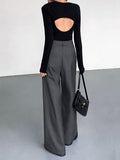 Yipinpay Gray High Waist Pants Pleated Elegant Women Wide Leg Pants Office Ladies Classic Work Floor-Length Pants Summer 2023