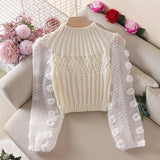 Yipinpay High Collar Sweaters Jumper Pink Twists Sweater Bubble Sleeves Sweet Flowers Knitted Tops Sueter Mujer Chiffon Shirt Chic