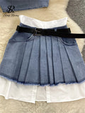 Yipinpay Fashion American Retro Y2K Sexy Denim Suits Women Strapless Mini Top+ Pleated Mini Skirt Vintage Beach Two Pieces Set