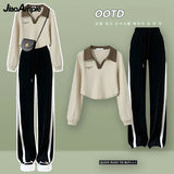 Yipinpay Spring and Autumn New Fashion Short Polo Sweatshirt+Wide Leg Pants Two Piece Women's Sportswear Set Korean Elegant Clothing