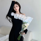 Yipinpay Temperament Sexy Mesh Ruffled Hip Long Sleeve Slash Off The Shoulder Black Dress Bodycon Slim Robe Femme Party Vintage