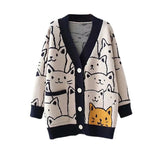 Yipinpay Women Button Down Knit Sweater Fall Long Sleeve V Neck Cartoon Cat Pattern Loose Cardigan Women's Winter Coats 2023