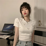 Yipinpay Sexy Crop Tops Bow Beaded Tshirt Women White Short Sleeve T-shirts Cotton Korean Y2k Clothes Graphic Tee Spring Summer