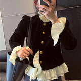 Yipinpay Mujer Vintage Button Black Velvet Shirt Ruffled Flare Full Sleeve Asymmetric Tops Y2k Cardigan Jacket Women Blouse