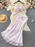 Yipinpay Vacation Beach Style Two Pieces Suits Strapless Halter Chain Mini Tank+Bodycon Fishtail Skirt Fashion Floral Sexy Sets