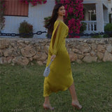 Yipinpay Asymmetric Long Dress Women Cut Out Satin Dress Woman Ruched One Long Sleeve Elegant Dresses Off Shoulder Party Dresses