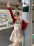 Yipinpay New Red Casual Crop Tops Cardigan Sweet Lace Y2k Mini Dress Party Sexy Strap Dress Korean Fashion Suit Woman Autumn Chic