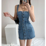 yipinpay Women Denim Dress Summer New Sexy Straps Skinny Short Skirt Blue Korean Fashion Classic Streetwear One Word Collar Jean Dress