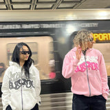 Yipinpay Unisex Y2K American Retro Zip Up Hoodies Grunge Long Sleeve Letter Print Oversized Sweatshirts Jacket Streetwear Tops