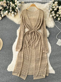 Yipinpay Bohemian Casual Summer Cardigan Dress Women Long Sleeve Hollow Out Thin Fashion Vacation Midi Long Knitted Dresses