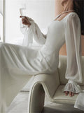 Yipinpay White Ruffled Mesh Maxi Dress For Women High Waist Fashion Elegant Patchwork Slim Party Dress Female Lace-Up Long Dress