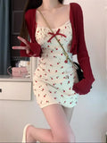 Yipinpay 2 Piece Dress Set Woman Red Long Sleeve Cardigan + Strap Floral Y2k Mini Dress Party Korean Fashion Suit 2024 Autumn Chic