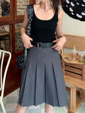 Yipinpay Vintage Y2k Pleated Skirt Women Preppy Style Autumn Korean Fashion High Waist Knee Length A-line Skirt 90s Aesthetic