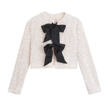Yipinpay New Women Contrast Color Bow Sequin Jacket Long Sleeve O Neck Female Party Elegant Crop Coat