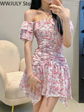 Yipinpay Shoulder Floral Y2k Mini Dress Woman French Elegnat Short Party Dress 2023 Summer Casual Sweet Sexy One Piece Dress Korean