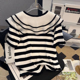 Yipinpay Vintage Doll Short Sleeve Black White Striped Tshirt Women Cotton Tee Graphic T Shirts Casual Blouse Crop Tops Shirts Knit