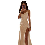 Yipinpay Satin Backless Side Split Maxi Dress Women 2024 Summer Sexy Slim Off Shoulder Ruched Bodycon Female Party Evening Dresses