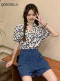 Yipinpay Summer Small Cute Sweet Floral Women's Shorts Sets Fashion Loose Bubble Short Puff Sleeve Shirt+wide Leg Shorts 2-piece Set 0406