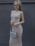 Yipinpay MO Elegant Round Neck Sleeveless Solid Maxi Sexy Dress For Women Summer Slim Pullover Evening Dress Chic Ladies Party