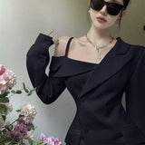 Yipinpay Chic Fashion Elegant Temperament Off Shoulder Dresses Spring 2023 Irregular Slim Button Up Blazer Vestidos Mujer Dress