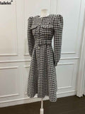 Yipinpay Houndstooth Long Sleeve Pockets O-Neck Single Button Korea Loose Fit Vintage Winter Mid-Calf Dress