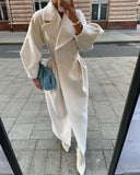 Yipinpay Spring Solid Lapel Long Coat For Women Elegant V-Neck Puff Sleeve Overcoats Female High Waist Chic Ladies Pockets Outerwear