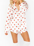 Yipinpay Women’s Valentine's Day 2 Piece Pajamas Set Kawaii Cute Heart Print Long Sleeve Button Up Shirt+ Shorts Set Sleepwear