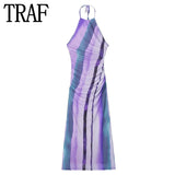 Yipinpay Print Tulle Long Dresses For Women Halter Backless Dress Woman Beach Mesh Bodycon Dress Women Summer Sexy Party Dresses