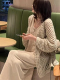 Yipinpay Early Spring New Mid Length Hollow Knitted Cardigan Women's Lazy Style Outwear Sweater Coat Sun Protection Top