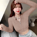 Yipinpay Mohair Zipper Sweater Sueter White Fur Cropped Cardigan Knitted Jacket Korean Fashion Clothes Pink Cardigan Tops Women