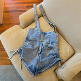 Yipinpay Straps Overalls Shorts Women Fashion Drawstring Jumpsuit High Waist Slim Jeans 2024 Summer Leg Wide Leg Hot Pants