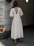 Yipinpay Elegant Beige Women Linen Dress Puff Sleeve Long Backless Button Dress Ladies V-Neck Cotton Dresses Soft Summer 2023